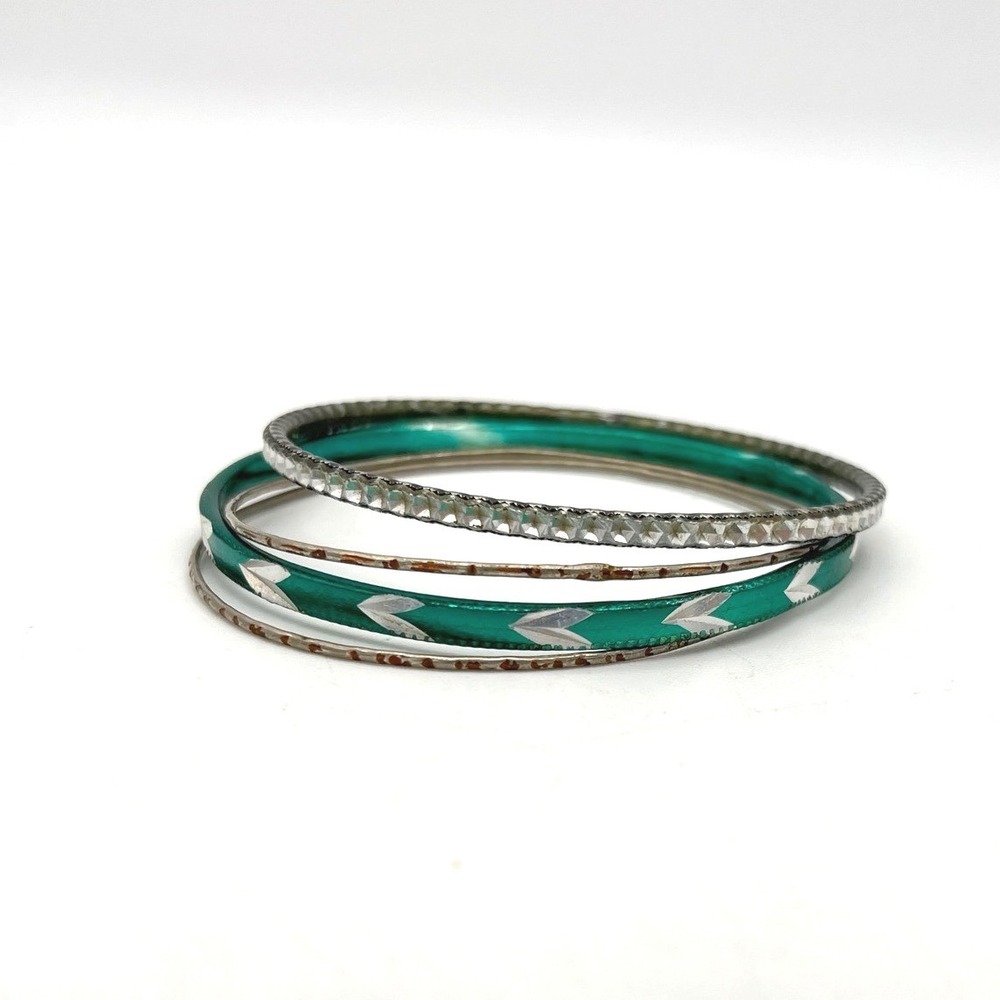 Stackable Green and‎ Silver Tone Textured Bangle Bracelet Set of 4
